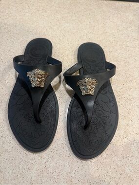 Versace Black Thong Sandals with Gold Medusa Emblem New